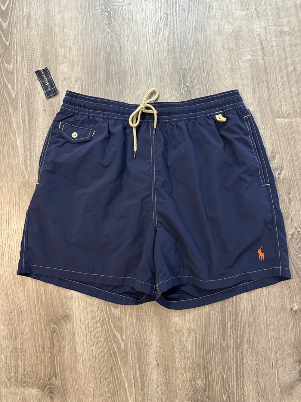 Polo by Ralph Lauren XL Navy Swim Trunks with Cream Drawstring and Orange Pony
